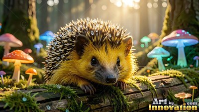 A small hedgehog rests on a mossy log beside soft blue mushrooms in the forest