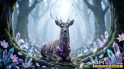 Lying down facing forward, a deer rests in a misty forest by purple crystals