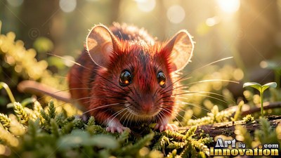 A tiny reddish mouse with big dark eyes rests on green moss in warm sunlight