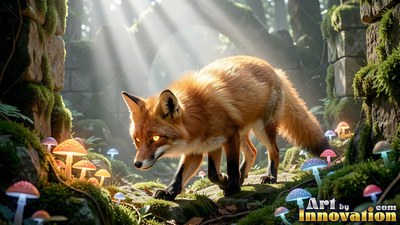 In sunlit stone ruins, a red fox walks past colorful mushrooms on moss