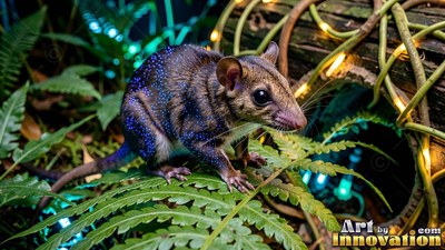 Perched on green fern leaves, a small brown possum shows blue spots on its fur