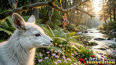 White fawn looking at a tiny dragon by a sunny forest river