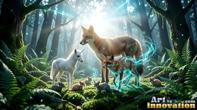 A small white unicorn stands near two red foxes in a mossy sunlit forest clearing