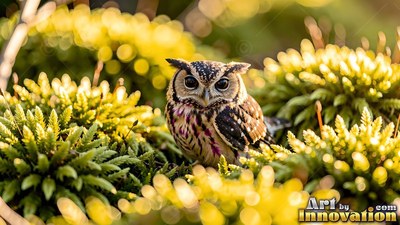 A tiny owl perches in thick green moss under soft yellow sunlight