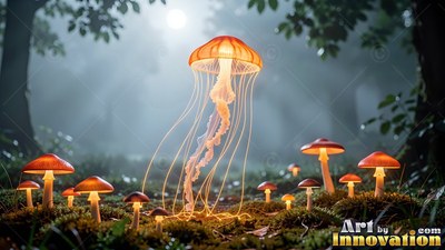 Floating upright in a misty forest, an orange jellyfish hovers over mushrooms