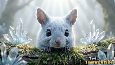 A tiny white mouse peeks over a mossy log surrounded by clear crystals in soft sunlight