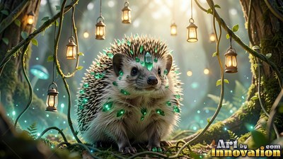In a sunlit forest, a hedgehog sits covered in green crystals under hanging lanterns