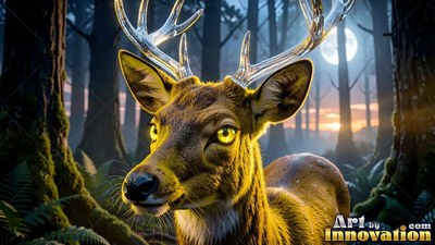 Standing in a dark forest, a deer with clear glass antlers looks forward under the bright moon