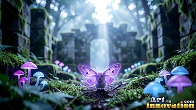 A tiny winged mouse sits on moss by purple mushrooms