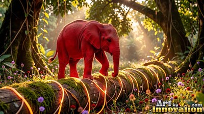 Bright red skin on a small elephant walking along a mossy log wrapped in light in a sunny forest