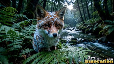 A red fox stands behind green ferns by a forest stream, dusted with white snow flakes
