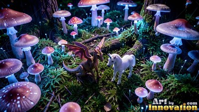 Facing each other in moss, a tiny dragon and white unicorn stand under mushrooms