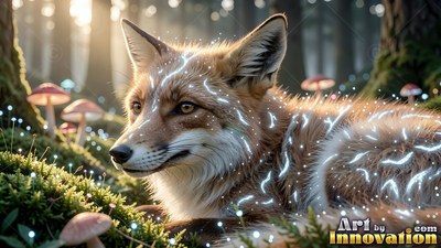 A red fox with bright white sparks on its fur lies on moss by mushrooms