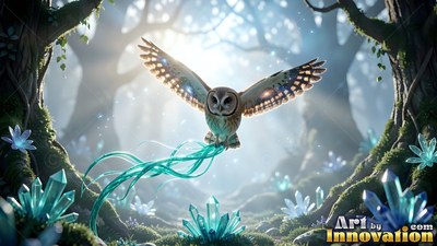 In a bright forest, an owl flies over blue crystals holding green ribbons