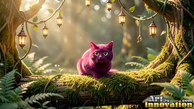 Sitting on a mossy log, a bright purple cat looks out beneath hanging lanterns