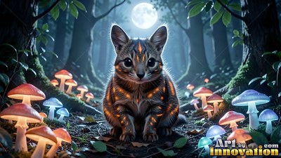 A striped furry critter sits between lit mushrooms under moonlight