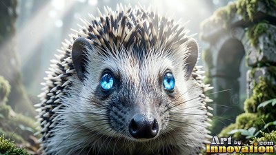 Bright blue eyes stand out on a spiny hedgehog sitting in a sunlit mossy forest