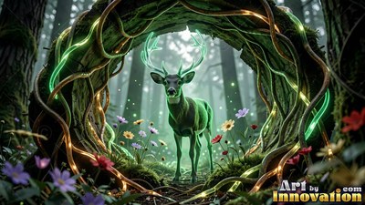 A deer stands inside a hollow mossy log ring with green light on its antlers