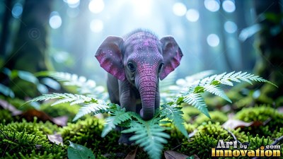 Facing forward, a tiny elephant with pink ears stands behind a green fern