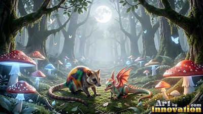 A colorful possum and a tiny dragon face each other near red mushrooms under the moon