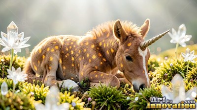 On a sunny mossy hill, a spotted baby unicorn rests near crystal flowers