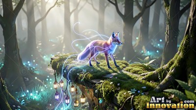 Standing on a mossy ledge, a red fox pauses in a misty forest with hanging lanterns