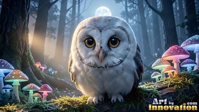 A fluffy baby owl perches near colorful mushrooms under a full moon