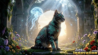 Bright blue patterns cover a sitting cat by a floating jellyfish in a stone ruin