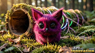 A furry magenta critter sits in the moss before a log wrapped in bright neon rings