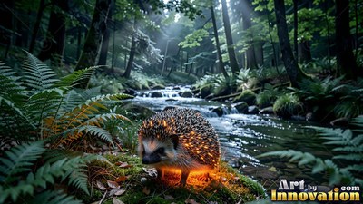 Standing on moss by a stream, a small hedgehog shines with orange light