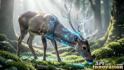 A deer with clear glass antlers grazes on green moss in the bright woods