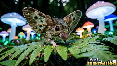 In a dark forest, a winged mouse sits on a green fern beside lit mushrooms