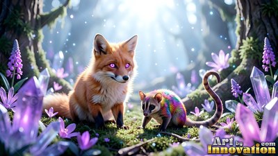 Sitting on moss, a red fox and a tiny rainbow creature rest among purple crystals