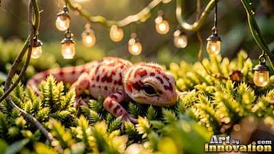 Spotted red lizard resting on green moss under tiny hanging lamps