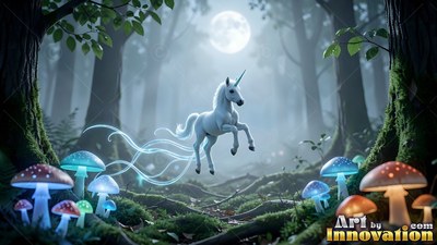 A white unicorn leaps past blue mushrooms in a misty forest under moonlight