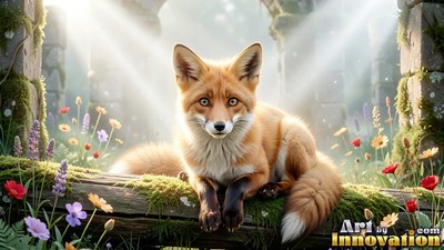 A red fox lies on a mossy log as bright white sunbeams shine down through ruins
