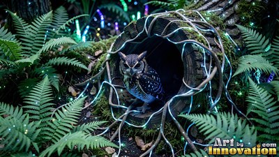Perched inside a hollow log, a small spotted owl looks out into green ferns