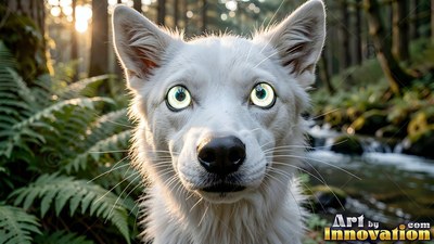 A wide-eyed white wolf stares forward in a sunny green forest