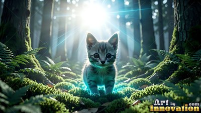In a sunlit forest, a striped kitten walks forward on mossy ground