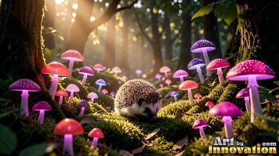 Walking on moss, a tiny hedgehog explores bright purple mushrooms under sunlight