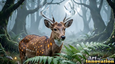 Spotted deer with clear glass antlers in a foggy forest