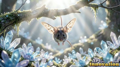 Insect wings spread wide, a tiny mouse flies over blue crystals in bright sunlight