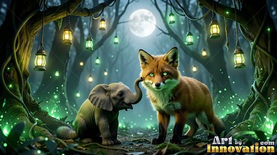 A tiny elephant touches a fox with its trunk under the soft white moon