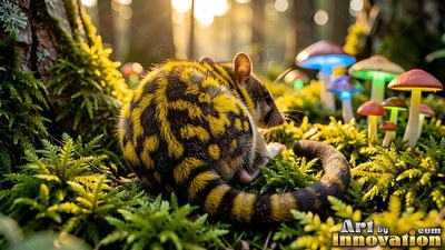 Curled on moss, a striped yellow critter sits beside bright forest mushrooms