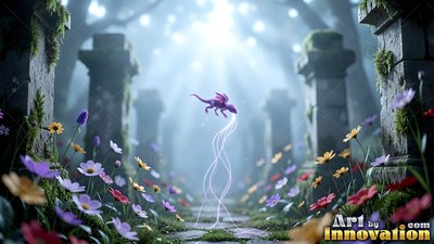 A tiny purple dragon flies over a stone path lined with colorful flowers