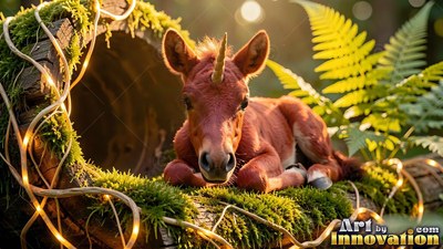 In a hollow mossy log, a small reddish unicorn rests by green ferns