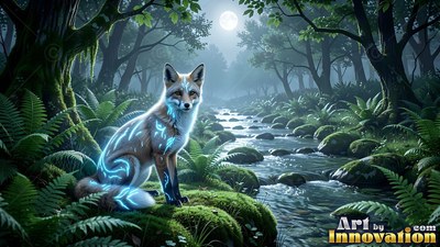 Sitting by a dark stream under the full moon, a fox has bright blue patterns on its fur