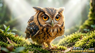 A tiny brown owl with large yellow eyes stands on green moss in sunlight