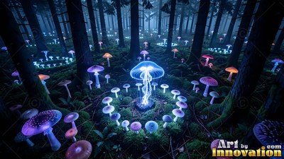 Long thin tentacles hang from a blue jellyfish mushroom in a ring inside a dark pine forest