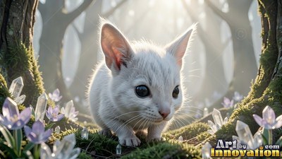 A small white creature crawls through moss, lit from behind by bright morning sun